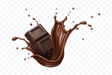 realistic 3d smooth liquid chocolate splash with chocolate bar in different style isolated on transparent background	
