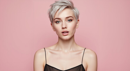 Woman with platinum pixie haircut against pink background. Short hair cutting and bleaching techniques for modern salon treatments and contemporary styling services