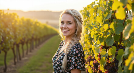 Woman with long blonde braided hairstyle at vineyard during golden sunset. Hair braiding and updo techniques for outdoor beauty treatments and wedding styling services