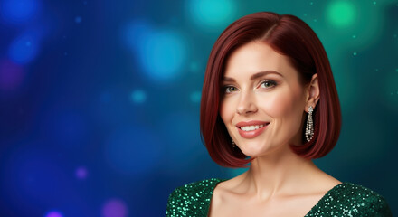 Woman with burgundy red bob haircut and diamond earrings against colorful bokeh background. Hair coloring and cutting techniques for salon treatments and formal styling services
