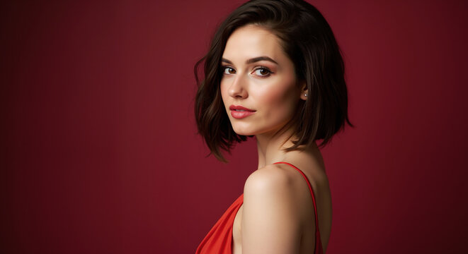 Woman with brown textured bob haircut in red dress against burgundy background. Modern hair styling and cutting techniques for salon treatments and elegant beauty services