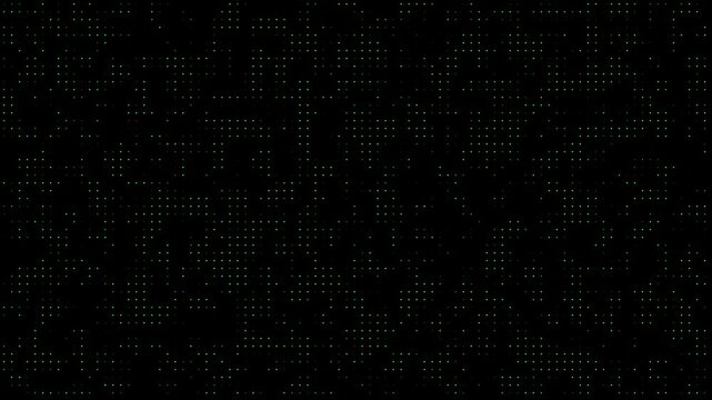 Animated green dotted technology background on black canvas. The subtle pattern of glowing pixel like dots creates a futuristic digital interface feel, ideal for high tech intros