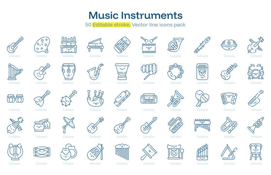Music Instruments line icon pack. Music Instruments Stroke icon set. Editable Stroke icon