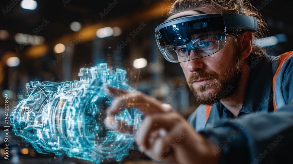 Aufkleber engineer using augmented reality smart glasses to inspect 3d holographic engine model in factory