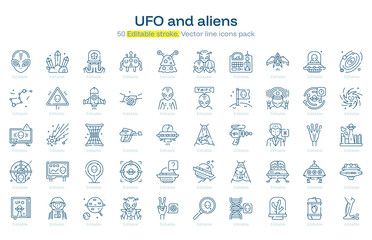UFO and aliens line icon pack. UFO and aliens Stroke icon set. Editable Stroke icon. © Think World