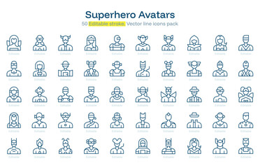 Superhero Avatars line icon pack. Superhero Avatars Stroke icon set. Editable Stroke icon