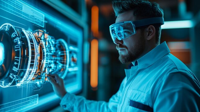 Engineer Using Augmented Reality Glasses to Design and Inspect Engine Components