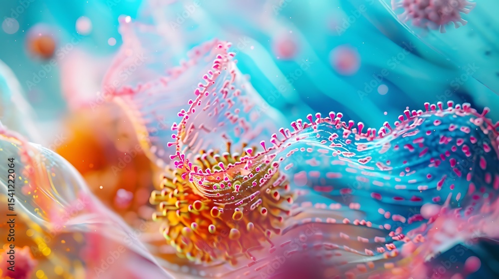 Poster colorful microscopic structures in abstract representation.