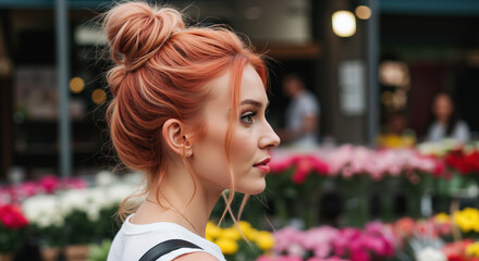 Woman with rose gold updo hairstyle and earrings in profile view at outdoor market. Formal hair styling and coloring for weddings and special event services