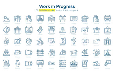 Work in Progress line icon pack. Work in Progress Stroke icon set. Editable Stroke icon
