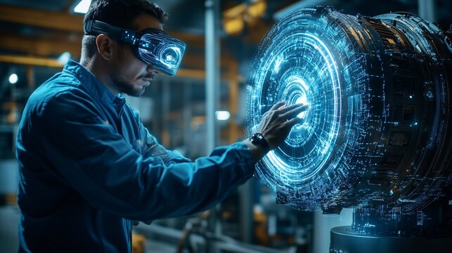 Engineer Using VR Headset to Inspect Industrial Machinery via Holographic Interface - Powered by Adobe