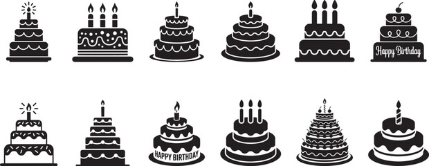 Delicious birthday cakes collection black icons set. eps-10
