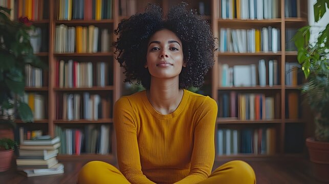 Thoughtful woman in a serene library setting