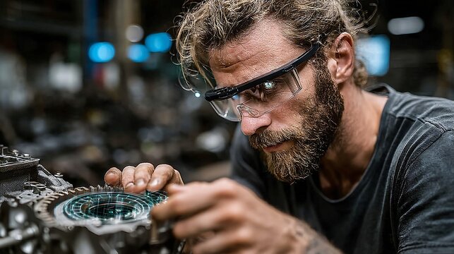 Concentrated Male Technician Using Augmented Reality Smart Glasses During Precision Engineering Work