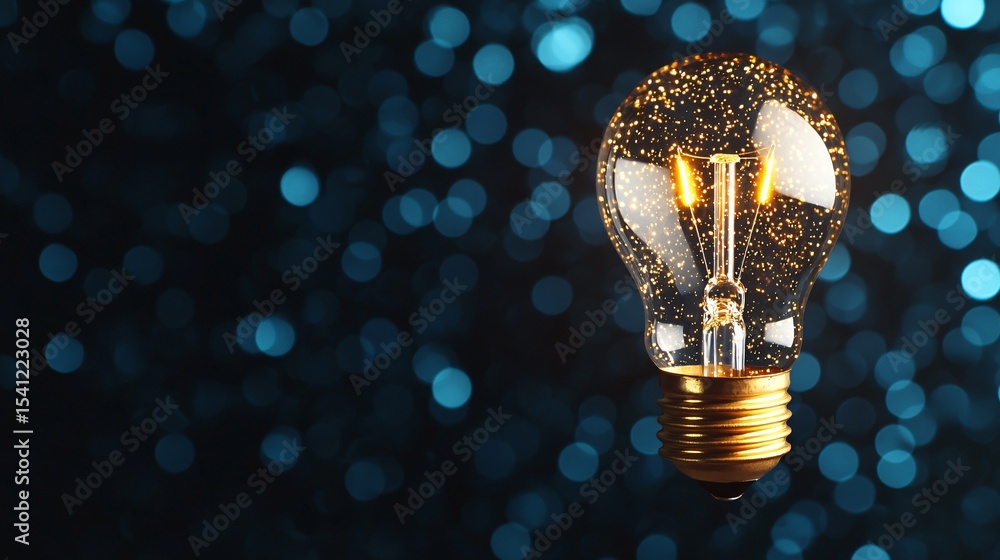 Poster glowing edison bulb with sparkling particles blue bokeh background idea concept