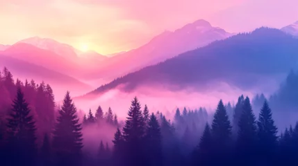 Fototapeten Mountain landscape with forest and pink sky © Sartika