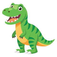 Obraz premium Cartoon Green Tyrannosaurus Rex with Orange Stripes Smiling on a White Background