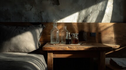 Sustainable Summer Travel design. Cozy bedside table with glass bottles and soft lighting.