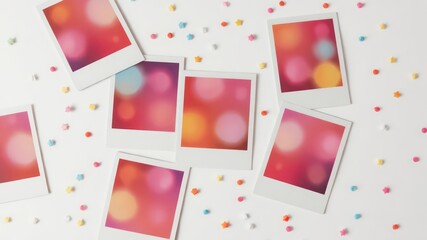 Instant photo-style prints display colorful abstract designs surrounded by small confetti on a clean, simple, white background