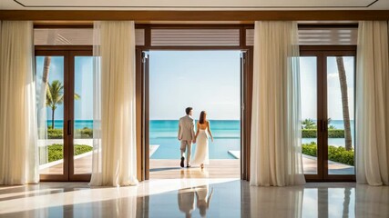 A Couple Walks Towards Stunning Ocean Views from a Luxurious Beachfront Home Interior Featuring Elegant Curtains and Doors