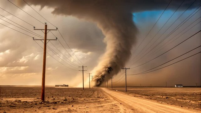 Dramatic Dust Devil Swirling Across a Desolate Landscape with Power Lines under a Stormy Sky