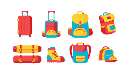 Illustration of various luggage items including suitcases backpacks and a hiking boot displayed neatly