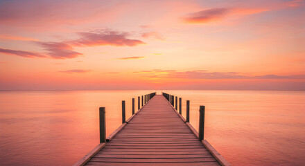Fototapeta premium Beautiful Sunset Over Calm Ocean With Wooden Pier Extending Out to the Horizon