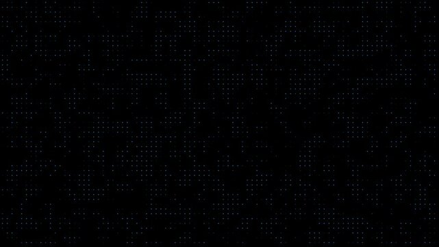Animated blue dotted technology background on black canvas. The subtle pattern of glowing pixel like dots creates a futuristic digital interface feel, ideal for high tech intros