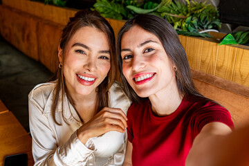 Two smiling businesswomen enjoying a selfie together while seated in a cozy restaurant, capturing a joyful moment of friendship and connection