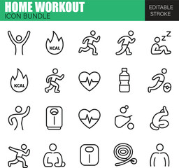 Complete Home Workout Icon Set – Flat Fitness Icons for Strength, Flexibility, and Full-Body Training Routines