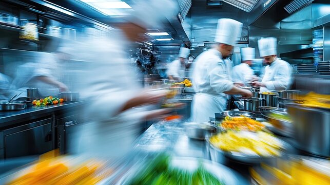 Dynamic scene of professional chefs at work in a busy kitchen with artistic blur effects 