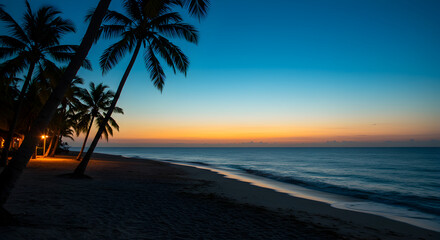 Beautiful Sunset Scene on a Tropical Beach with Palm Trees at Dusk