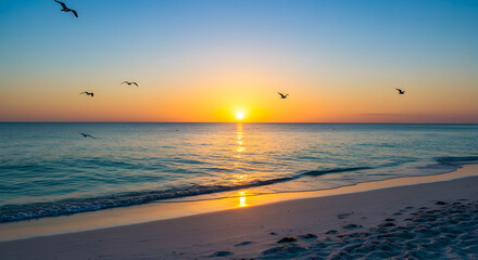 Beautiful sunset view on the beach with seagulls flying over the ocean