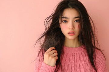 Serious, worried Asian young woman holding a handful of hair that has fallen out during brushing, concerned about hair loss., Generative AI