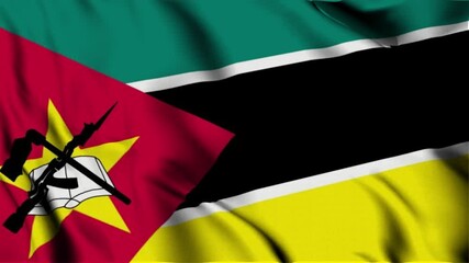 3D animation of the national flag of Mozambique waving in slow motion. Close-up view with realistic fabric texture in 4K resolution. Ideal for Independence Day, patriotic videos.