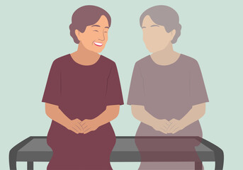 Fototapeta premium A lonely elderly woman talking to her imagined shadow minimal vector. 