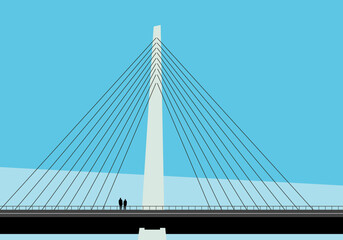 A modern hanging bridge with a couple standing on it minimal vector. 