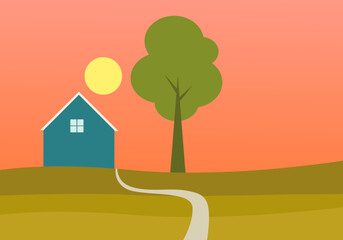 The sun setting behind a house at the end of a path minimal vector. 