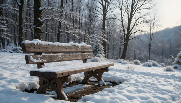 Wooden Bench in Snowy Landscape