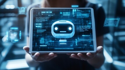 AI Interface: User interacting with a tablet displaying an animated robot avatar, showcasing artificial intelligence interaction.