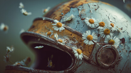 Close-up of a cracked helmet with small daisies breaking through its surface