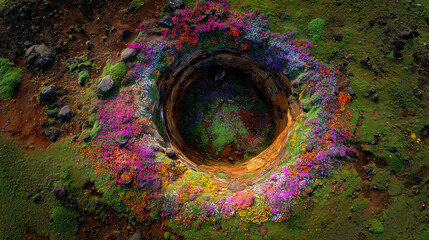Explosion crater in the ground filled not with debris but with a spiral bed of multi-colored blooming flowers,