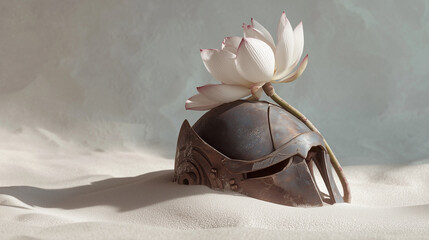 Helmet partially buried in white sand with a single blooming lotus rising from it.