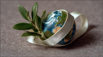 Miniature Earth with Olive Branch and Ribbon