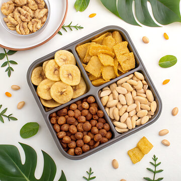 Assorted Tropical Fruit and Nut Snacks in a Divided Tray with Decorative Greenery on a White Textured Surface