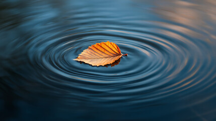 Single leaf floating on still water, forming natural peace sign ripples.