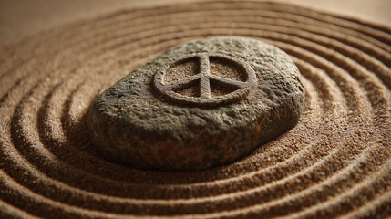 Stone with engraved peace sign placed in zen sand circle, overhead view.