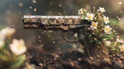 Time-lapse inspired capture of a shattered gun melting into soil with blooming jasmine flowers .