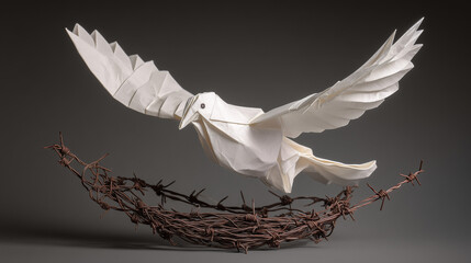 White origami dove flying upward from barbed wire nest. peace