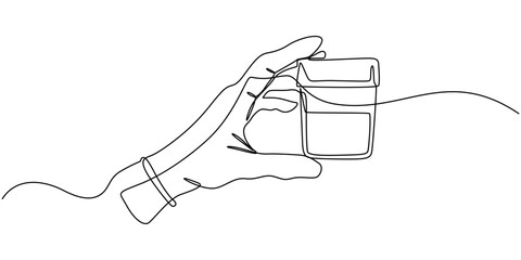 hand holds medicine bottle continuous one line drawing, Continuous one line drawing of Hand holding medicine bottle. simple medical drugs pharmacy care line art vector illustration, continuous line